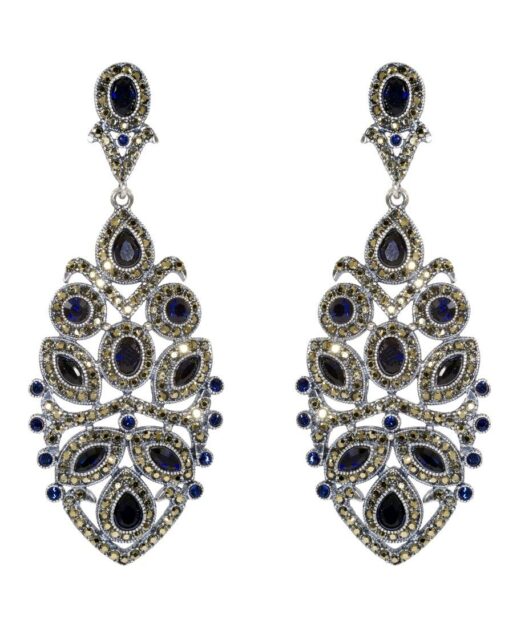 Pendientes largos con rosetas azules Swarovski en plata de ley rodinada