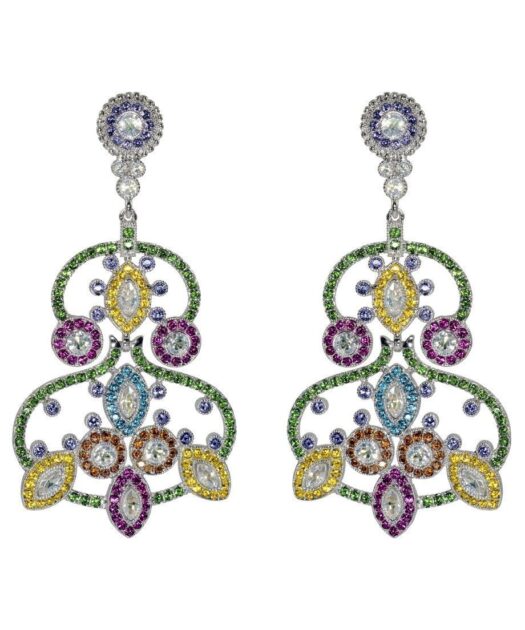 Pendientes largos con rosetas de colores en plata rodinada y cristal Swarovski