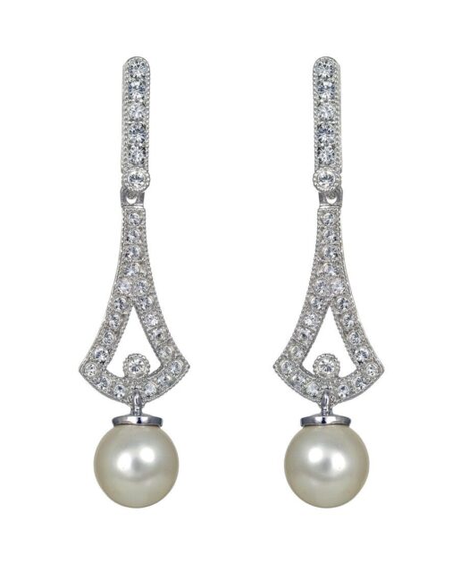 Pendientes largos de plata con una perla y cristales Swarovski blancos