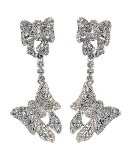 Pendientes largos lazos blancos de plata rodinada con Swarovski Elements