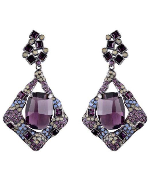 Pendientes largos morados de plata con Swarovski Elements y cierre omega