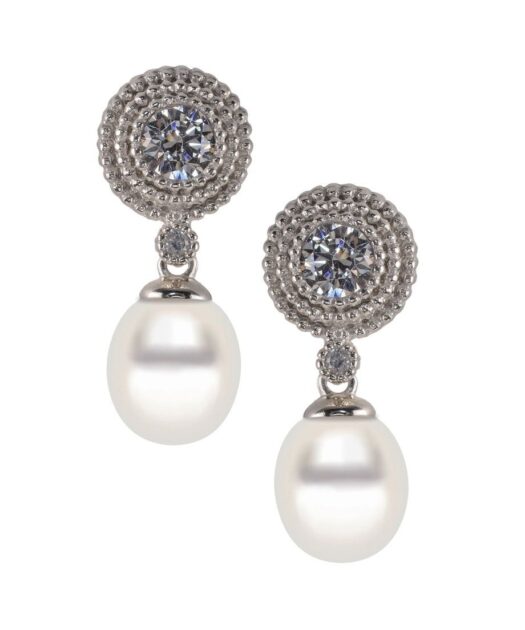 Pendientes novia con perla y circonita Swarovski de plata de ley rodinada