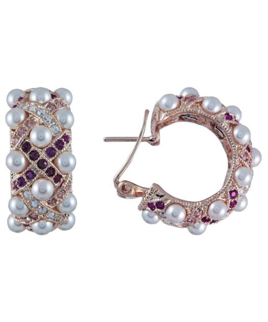 Pendientes oro rosa de medio aro con perlas en plata de ley con cierres omega