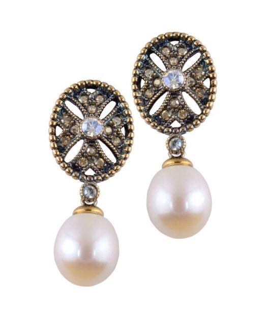 Pendientes oro vintage con perla de plata con Swarovski Elements