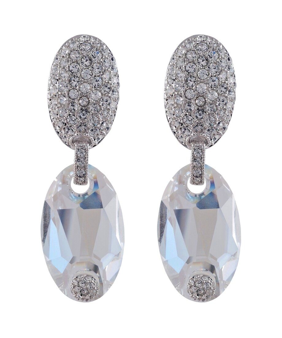 Pendientes ovalados con cristales blancos de plata de ley rodinada Pendientes ovalados con cristales blancos de plata de ley rodinada