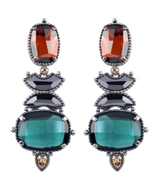 Pendientes verdes, azules y granates de plata con un baño de oro 18 K