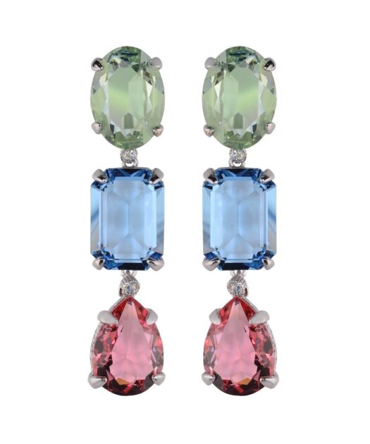 Pendientes verdes, azules y rosas de plata rodinada con cristales Swarovski
