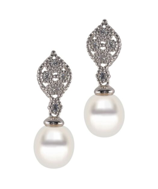 Pendientes zirconia novias con perlas de plata de primera ley rodinada