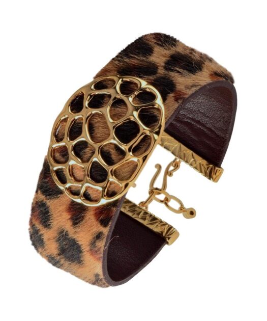 Pulsera ancha pelo marrón en plata de ley con baño de oro