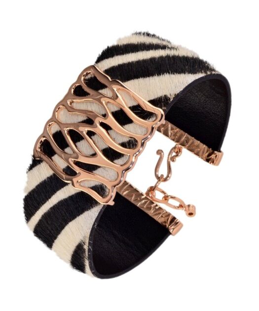 Pulsera ancha pelo natural tipo cebra en plata de ley con un baño de oro rosa