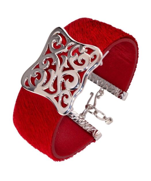Pulsera ancha roja de pelo en plata de ley con acabado rodinado