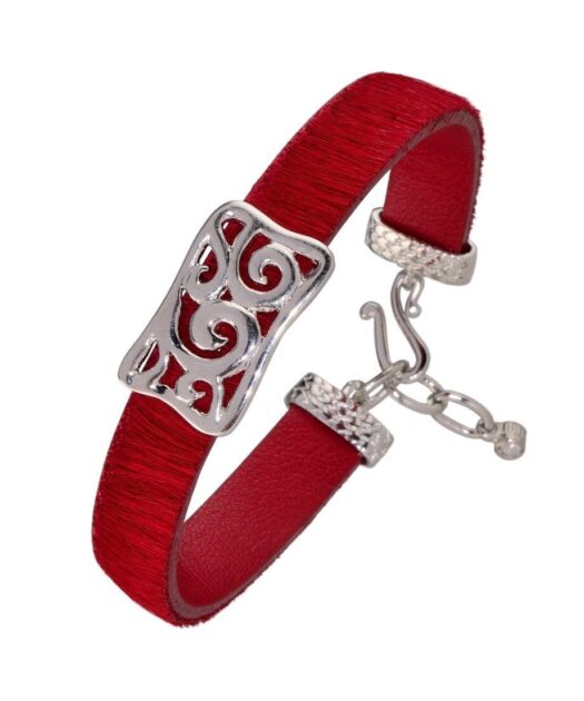 Pulsera estrecha pelo rojo en plata de ley rodinada con cierre de gancho