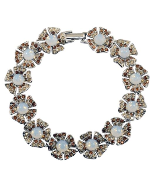 Pulsera flores blancas de plata rodinada con cristales Swarosvki