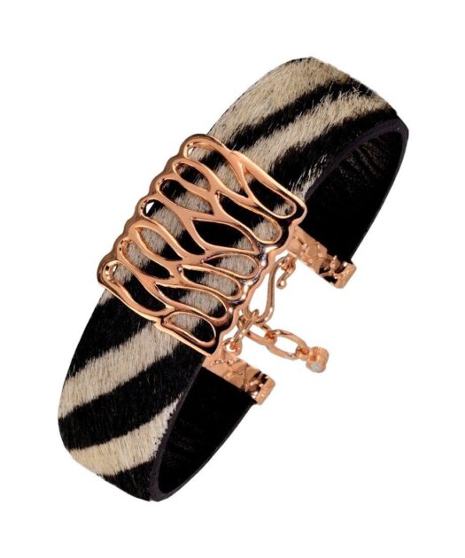 Pulsera piel estilo cebra en plata de ley bañada en oro rosa 18 quilates