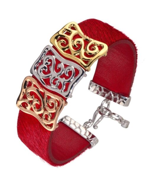 Pulsera piel roja tres oros de plata de ley con cierre de gancho