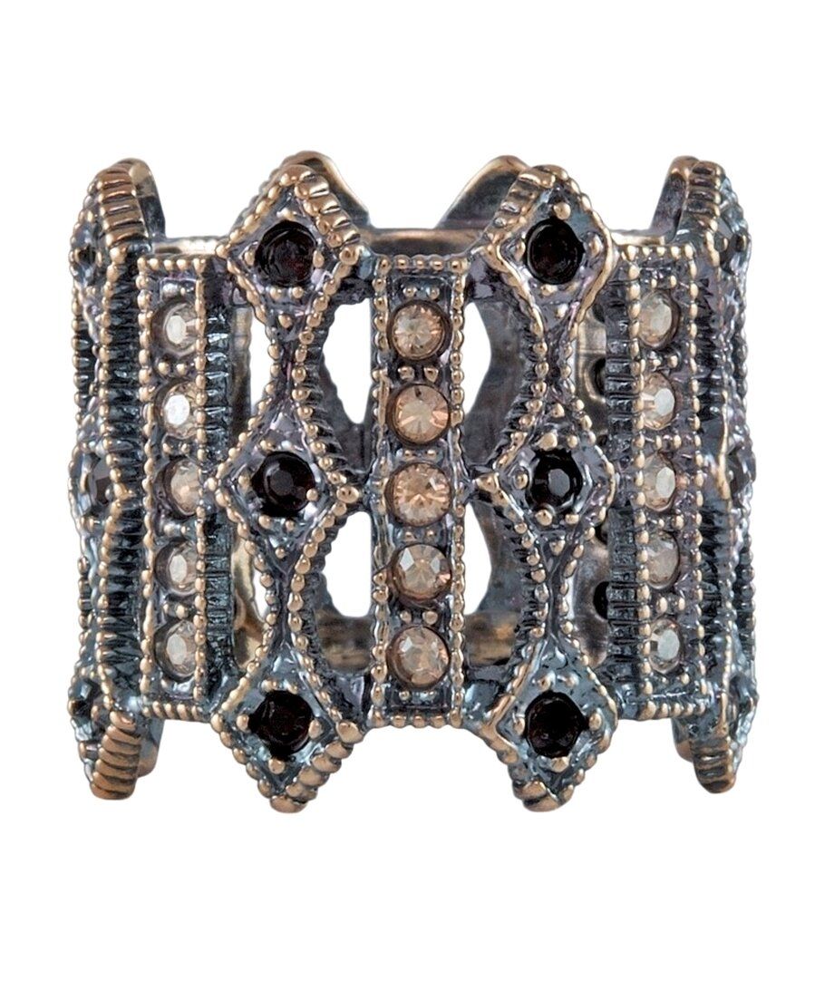 Anillo Clásico ancho con cristales Swarovski blancos y negros de plata bañada en oro vintage de la colección exclusiva de Máximo Betro.