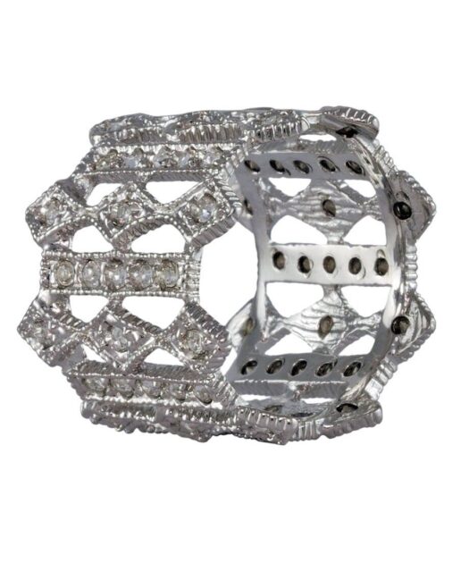 Anillo ancho estilo vintage de plata bañada en rodio con cristales brillantes