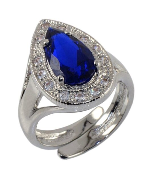 Anillo circonita azul en forma de lágrima de plata rodiada