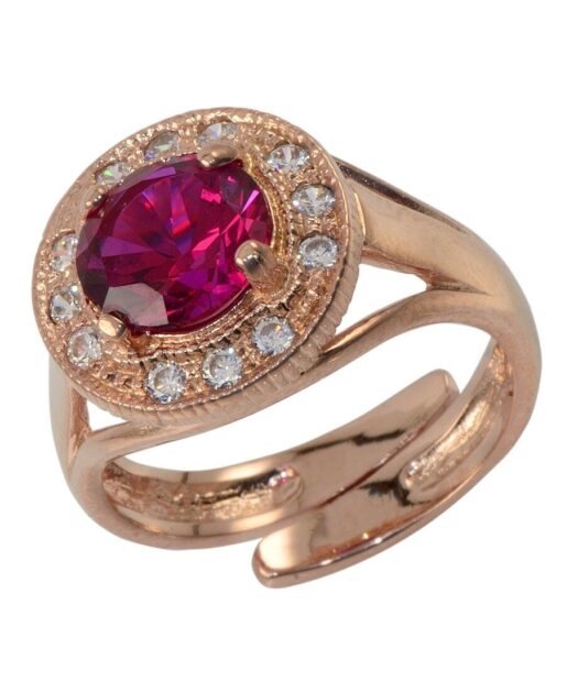 Anillo circonita rojo rubí de plata bañada en oro rosa