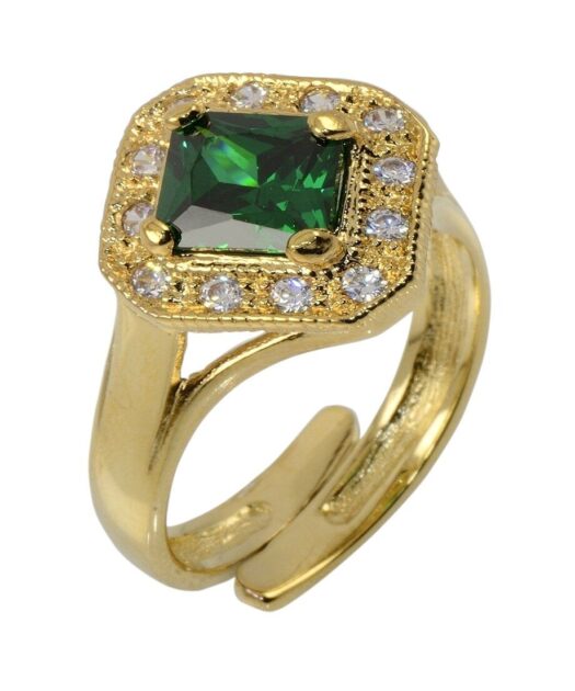 Anillo circonita verde de plata bañada en oro amarillo