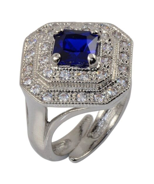 Anillo circonitas blancas y azules de plata de primera ley rodinada