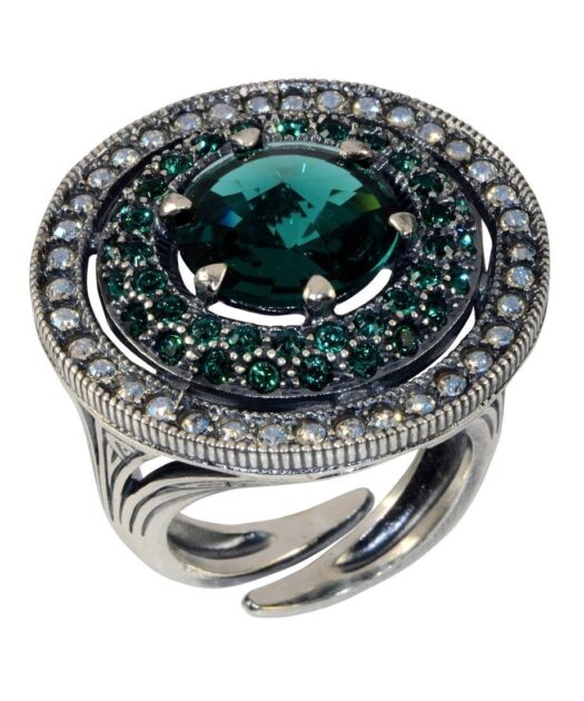 Anillo con círculo verde de plata de ley con baño de rodio