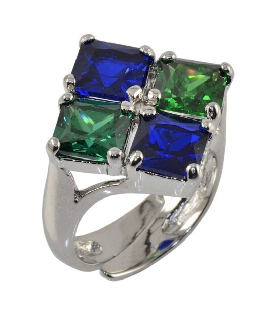 Anillo con cuatro circonitas verdes y azules de plata