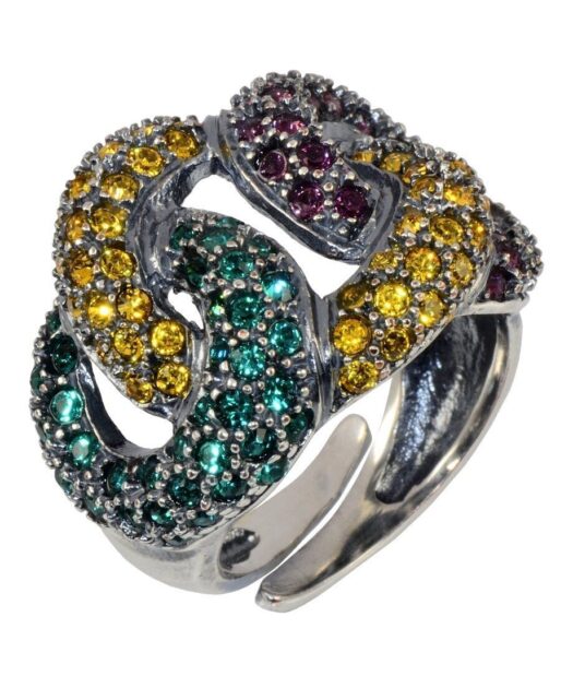 Anillo de eslabones en plata rodinada con cristales de colores