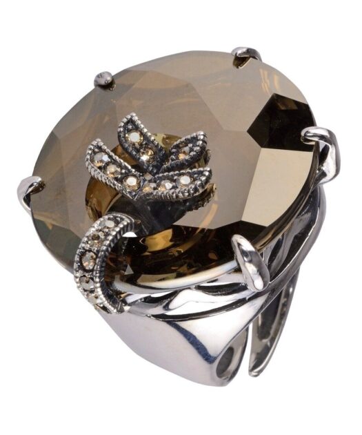 Anillo disco marrón Swarovski de plata de ley bañada en rodio