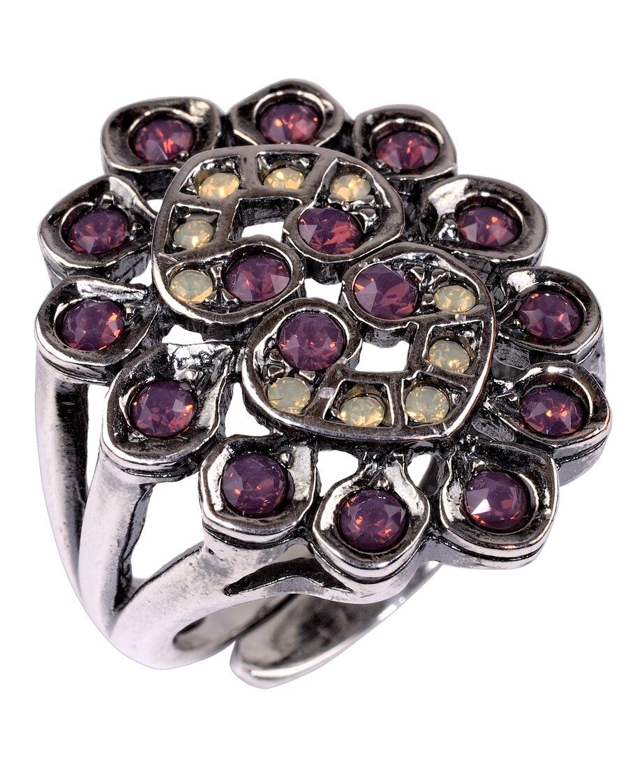 Anillo étnico cristales morados de plata de ley rodinada