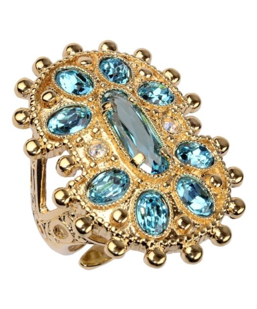 Anillo étnico oro amarillo con una base de plata de ley y cristales azules
