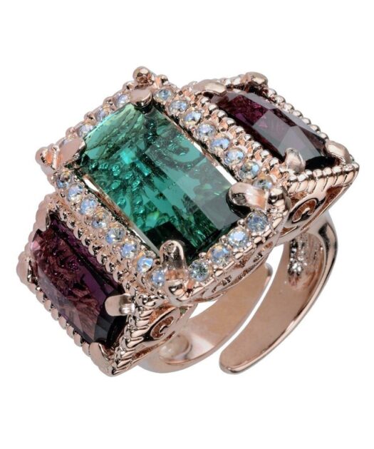 Anillo étnico oro rosa con cristales granates y verdes de plata