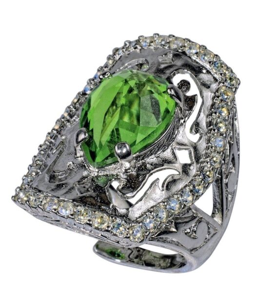 Anillo etrusco con lágrima verde de plata bañada en rodio