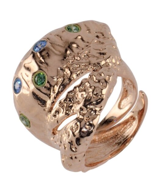 Anillo hoja de bronce con cristales verdes y azules