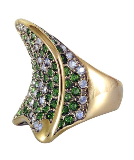 Anillo vintage verde y blanco de plata bañada en oro con cristales Swarovski