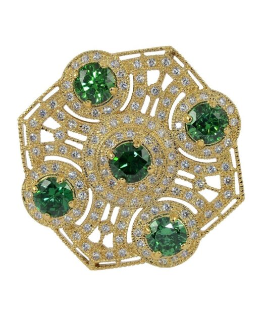 Broche de circonitas verdes fabricado en plata de ley con un baño de oro amarillo