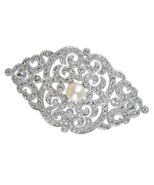 Broche novia clásico en plata de ley rodinada con cristales Swarovski y una perla
