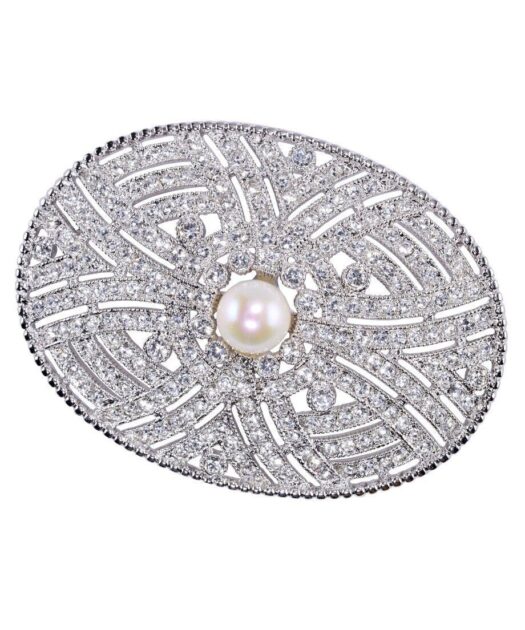 Broche novia con perla de plata de ley rodinada con Swarovski Elements