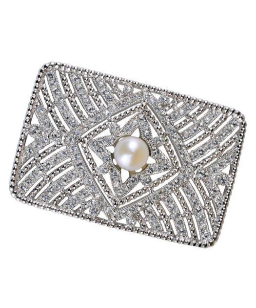 Broche novia rectangular de plata con cristales Swarovski y una perla blanca