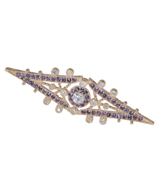 Broche vintage oro rosa de plata con cristales violetas y blancos