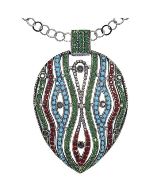 Colgante verde, azul y granate de plata con cristales Swarovski y cadena a juego