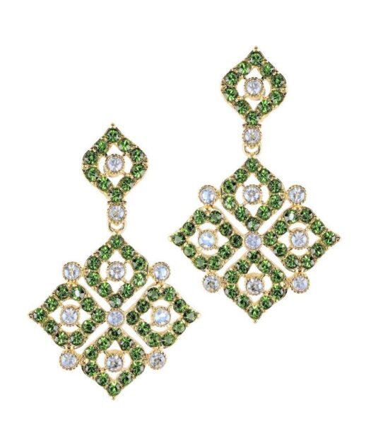 Pendientes articulados rombo verde de plata bañada en oro amarillo 18 K