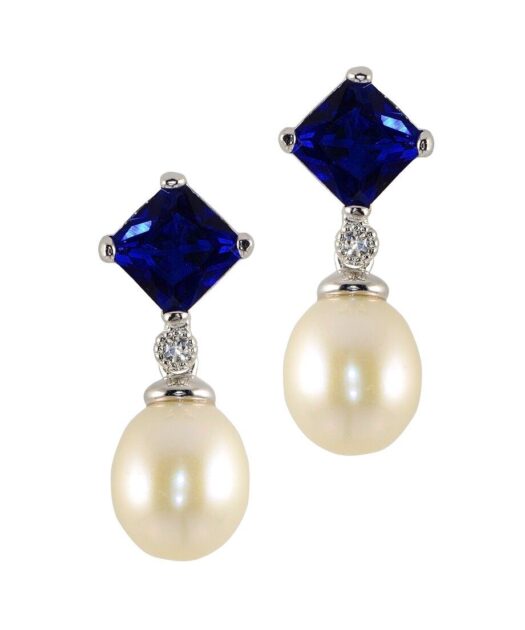 Pendientes circonita azul y perla de plata de ley rodinada