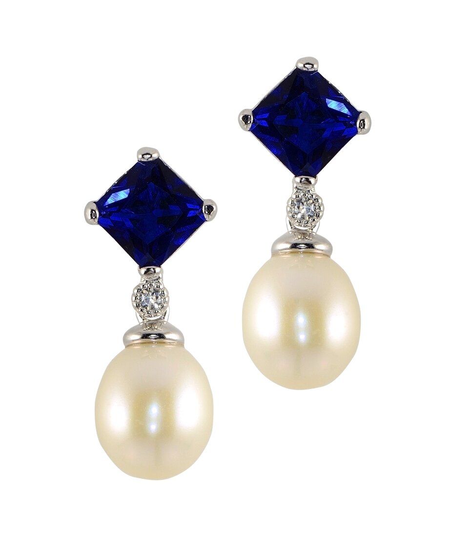 Pendientes circonita azul y perla de plata de ley rodinada