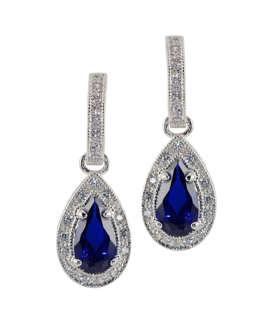 Pendientes circonita lágrima azul de plata con baño de rodio