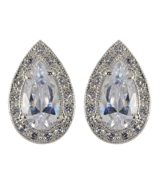 Pendientes circonita lágrima brillante de plata rodinada con cierre omega y Swarovski