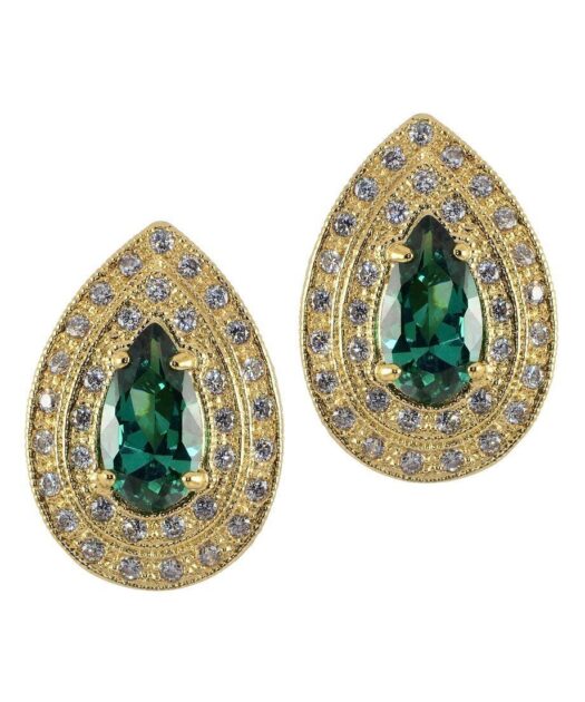 Pendientes circonita lágrima verde de plata bañada en oro amarillo