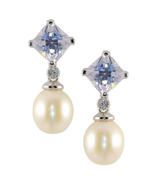 Pendientes circonita y perla blanca de plata de ley