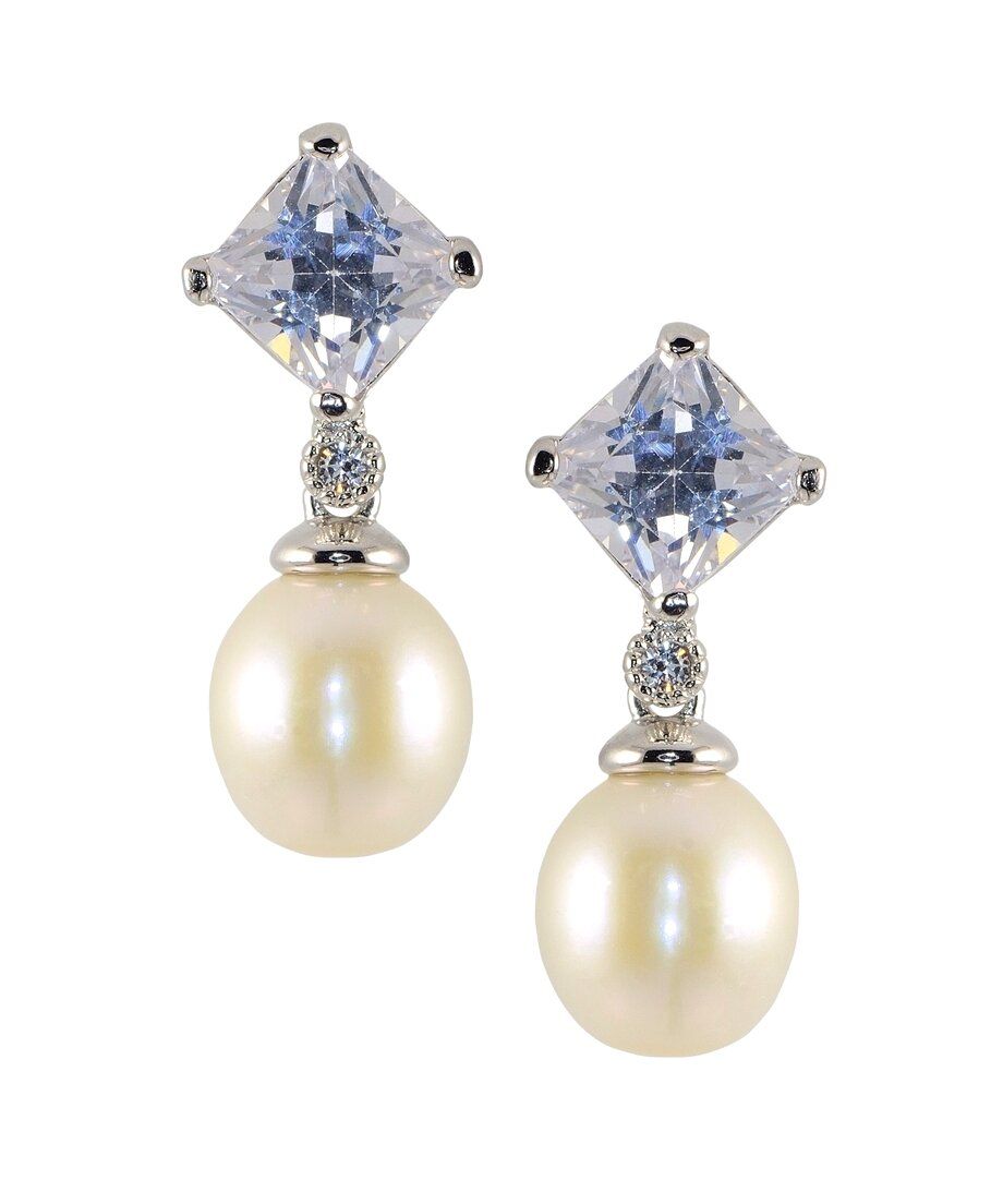 Pendientes circonita y perla blanca de plata de ley