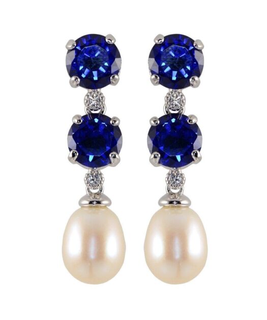Pendientes circonitas azules con perla de plata de primera ley